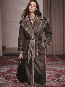 Anewsta Grey Lapel Fur-Trimmed One-Piece Long Coat With Waist Tie For Women - Brown - View 3