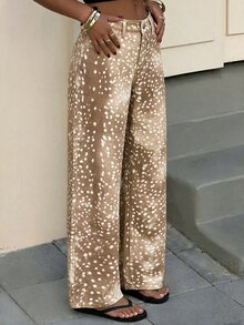 SHEIN Tall 女款動物印花口袋寬腿休閒牛仔褲 - 彩色 - 查看 3