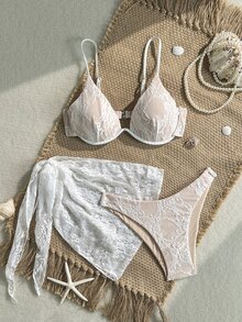 Bonvoyette 女款 3 件組海灘泳衣套裝，含鋼圈蕾絲背心、三角比基尼泳褲與綁帶式裙襬 - 白色 - 查看 3