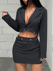 Jeanoix Women's Lapel Neck Corn Design Cropped Jacket And Skirt Suit Set - Multicolor - View 1