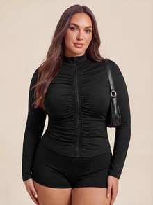 SHEIN Dewbera Women's Plus Size Solid Color Casual Daily Outdoor Sports Jacket - Black and White - View 3
