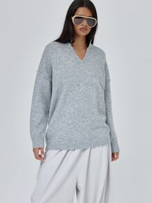 MUSERA Deep V Contrast Ribbed Hem Knitted Oversized Loose Fit Jumper Fall Autumn Winter Coolgirl Back To School Blancs - Grey - View 1