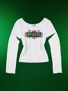 Beetlejuice X SHEIN Women's Street Letter Print Lace Patchwork Cuff Top - White - View 3