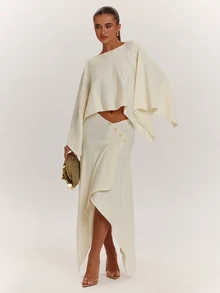 SHEIN BAE French Minimalist Slouchy Design Fashion Simple Shawl Asymmetrical Slimming Elegant Skirt High-Quality 2 Pieces Knit Set - Beige - View 4