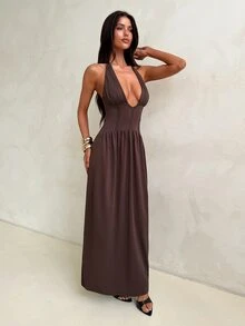 Aloruh Coffee Brown Party Ball Halter Neck Tie Deep V-Neck Boning Seam Waist Cinched Ruched Extra Long Dress For Women - Coffee Brown - View 6