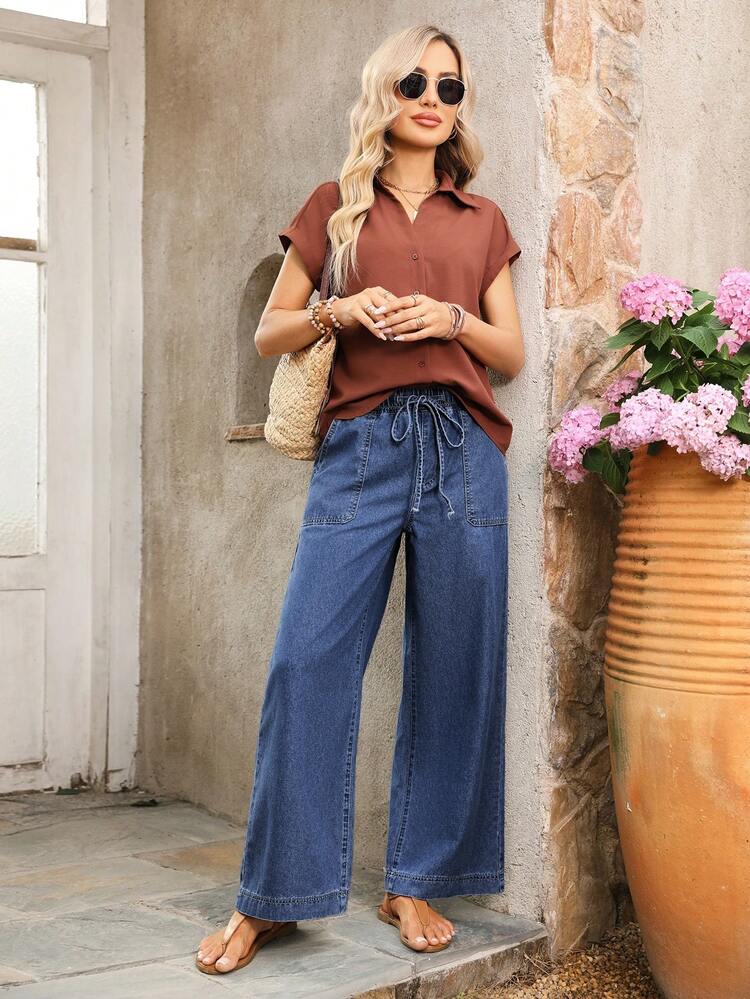 EMERY ROSE Plus Size Fashion Drawstring Waist Pocket Loose Fit Denim Jeans - Medium Wash - View 6