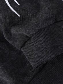 SHEIN 1件青少年男孩圖案印花開襟雪洗衛衣，舒適新穎面料，適合運動穿搭與多季節穿著 - 黑色 - 查看 3
