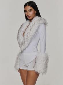 MUSERA White Faux Fur Long Sleeve Unitard Playsuit Autumn Fall Winter Coolgirl Rave Festival Halloween Ultra M - White - View 4