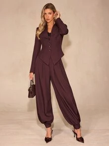 Enchnt Women's Regular Long Sleeve Single-Breasted Jacket And Jogger Pants Fashion Suit Set - Apricot - View 1