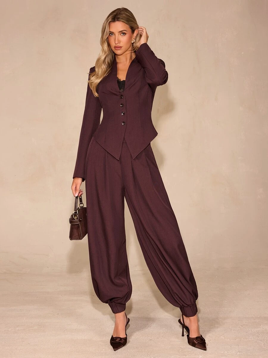 Enchnt Women's Regular Long Sleeve Single-Breasted Jacket And Jogger Pants Fashion Suit Set - Apricot - View 1