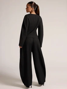 SHEIN BAE طقم بليزر وبنطلون نسائي بتصميم بسيط وعملي، مناسب للملابس اليومية وملابس المكتب والتجمعات الاجتماعية - الأسود - مشاهدة 2