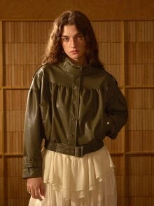 MOTF STUDIO WOMEN'S AUTUMN PU DROPPED SHOULDER RUCHED FLIGHT JACKET - Army Green - View 6