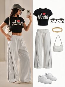 SHEIN PETITE Women's Autumn/Winter Street Style Vintage Holiday Outing Back To School Basic Black Wide Leg Pants, Essential For Daily Wear - White - View 6