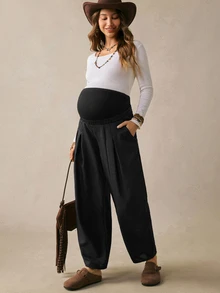 Boho Mama بنطلون طويل كاجوال يومي للحوامل بلون سادة وخصر قابل للتعديل - الأسود - مشاهدة 5