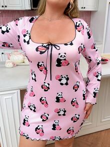 Slumberry CURVE Cute Panda Donut Print Colorblock Trim Bow Pink Knit Plus Size Nightgown - Pink - View 3