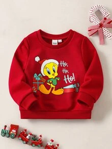 LOONEY TUNES X SHEIN كنزة رياضية طويلة الأكمام بطباعة كرتونية وحروف كاجوال للاستخدام اليومي للأطفال الذكور - الأحمر - مشاهدة 1