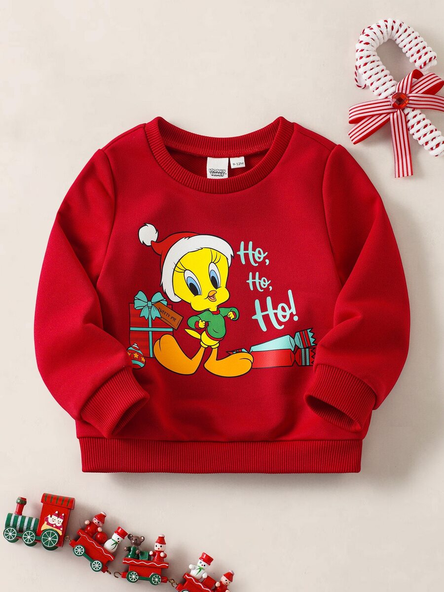 LOONEY TUNES X SHEIN كنزة رياضية طويلة الأكمام بطباعة كرتونية وحروف كاجوال للاستخدام اليومي للأطفال الذكور - الأحمر - مشاهدة 1