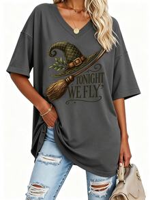 EMERY ROSE Witch Hat And Broom Flying Tonight Printed Women's T-Shirt; Halloween Party Autumn Gift - Dark Grey - View 1