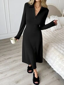 Easowa Women's Solid Color Casual Party Midi Dress - Black - View 3