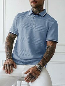 HUEFORM Men's Contrast Color Casual Daily Short Sleeve Polo Shirt - Blue - View 5