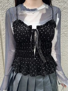 FRIFUL Women's Polka Dot Pleated Casual 90s Inspired Y2k Versatile Daily Wear Camisole Top Going Out Black And White Polka Dot Summer - Black - View 2