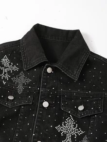 Tween Boy Shining Sequined Cross Pattern Black Denim Loose And Comfortable Long-Sleeved Jacket - Black - View 3