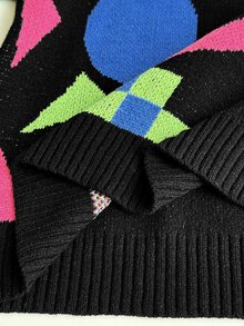 Maweii Sweater Pullover Modis Jacquard Bermotif Geometris Warna-warni untuk Wanita Ukuran Plus - Hitam - View 7