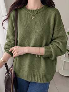 DAZY Women's Solid Color Drop Shoulder Crew Neck Casual Loose Pullover Sweater - Green - View 3