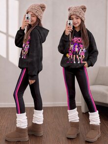 紮染水洗黑色對比條紋 Y2K 時尚街頭風 K-Pop 女團圖案印花女款/女孩休閒舒適寬鬆抓絨連帽衛衣，適合秋冬日常穿著、運動、返校、出遊、音樂節，復古高街甜酷女孩慵懶時尚少女風 - 彩色 - 查看 4