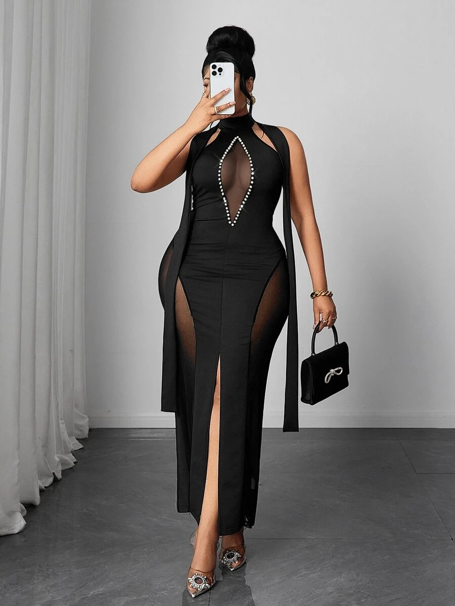 Maweii Plus Size Goddess Sexy Black High Neck Halter Neck Tie-Up Fitted Long Dress With Sheer Mesh, Rhinestone Decor, Draped Ribbon, Side Patchwork Semi-Sheer Mesh Design For Cocktail Party, Birthday, Ball, Nightclub, Evening Banquet - Black - View 1