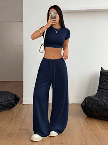 SHEIN PETITE 女款純色短版圓領T恤與長褲休閒兩件套 - 藏蓝色 - 查看 5