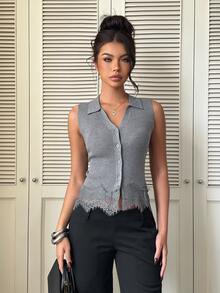 Siren Gaze Women's Lace Patchwork Casual Daily Knit Top - Grey - View 5