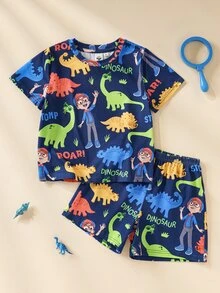 Blippi X SHEIN ملابس منزلية للأولاد الصغار بطبعة ديناصور كرتونية، ملابس علوية قصير الأكمام وشورت - متعدد الألوان - مشاهدة 1