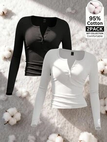 SHEIN EZwear 2件組女款素色鈕扣半開襟長袖休閒T恤 - 彩色 - 查看 8