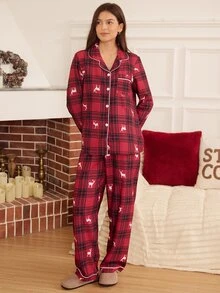 Doze Lane Classic Retro Plaid Christmas Deer Print Collared Loungewear 2 Pieces Set - Red - View 3