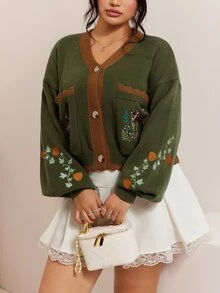 CovetEZ Autumn/Winter New Deer Plant Embroidery Pattern Halloween Christmas Casual Colorblock Cute Plus Size Cardigan - Green - View 1