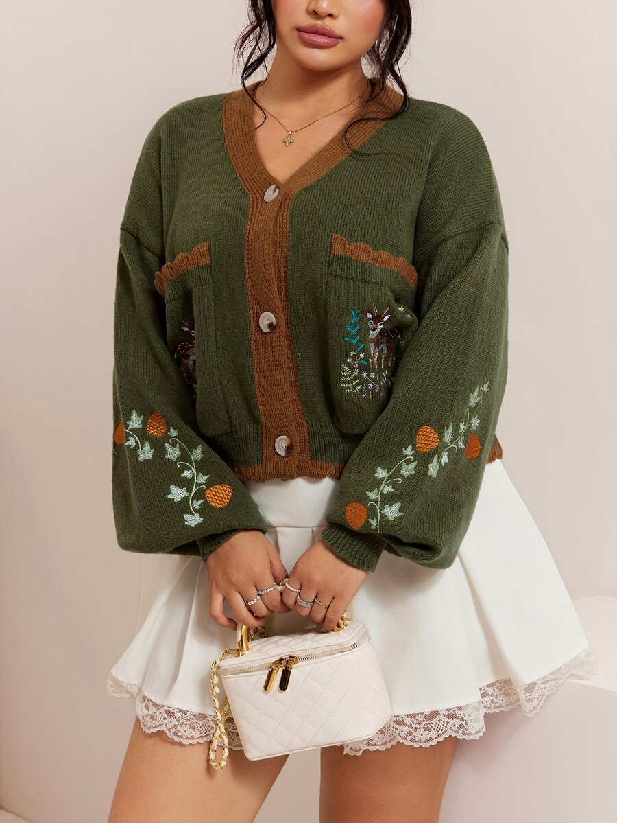 CovetEZ Autumn/Winter New Deer Plant Embroidery Pattern Halloween Christmas Casual Colorblock Cute Plus Size Cardigan - Green - View 1