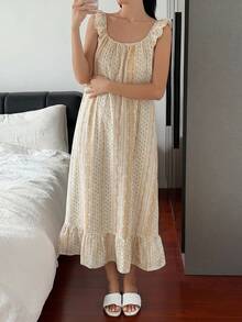 DAZY 甜美碎花荷葉領無袖細肩帶女款睡裙 - 黃色 - 查看 9