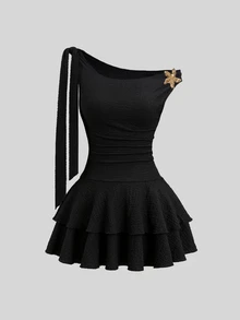 Sweetra Women's Black Asymmetrical Shoulder Tie Design Metal Flower Buckle Decor Ruched Waist Fitted Double Layer Ruffle Hem Dress - Black - View 1