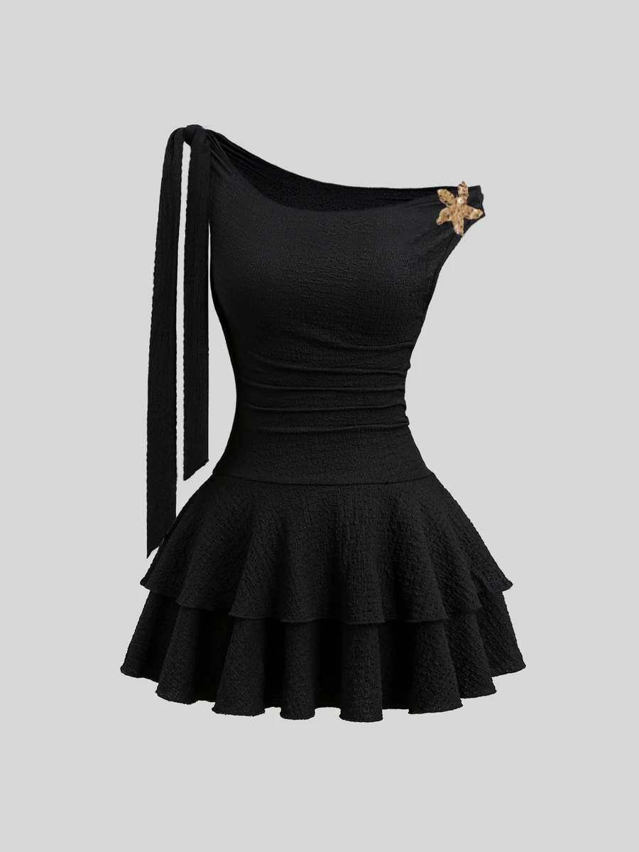 Sweetra Women's Black Asymmetrical Shoulder Tie Design Metal Flower Buckle Decor Ruched Waist Fitted Double Layer Ruffle Hem Dress - Black - View 1