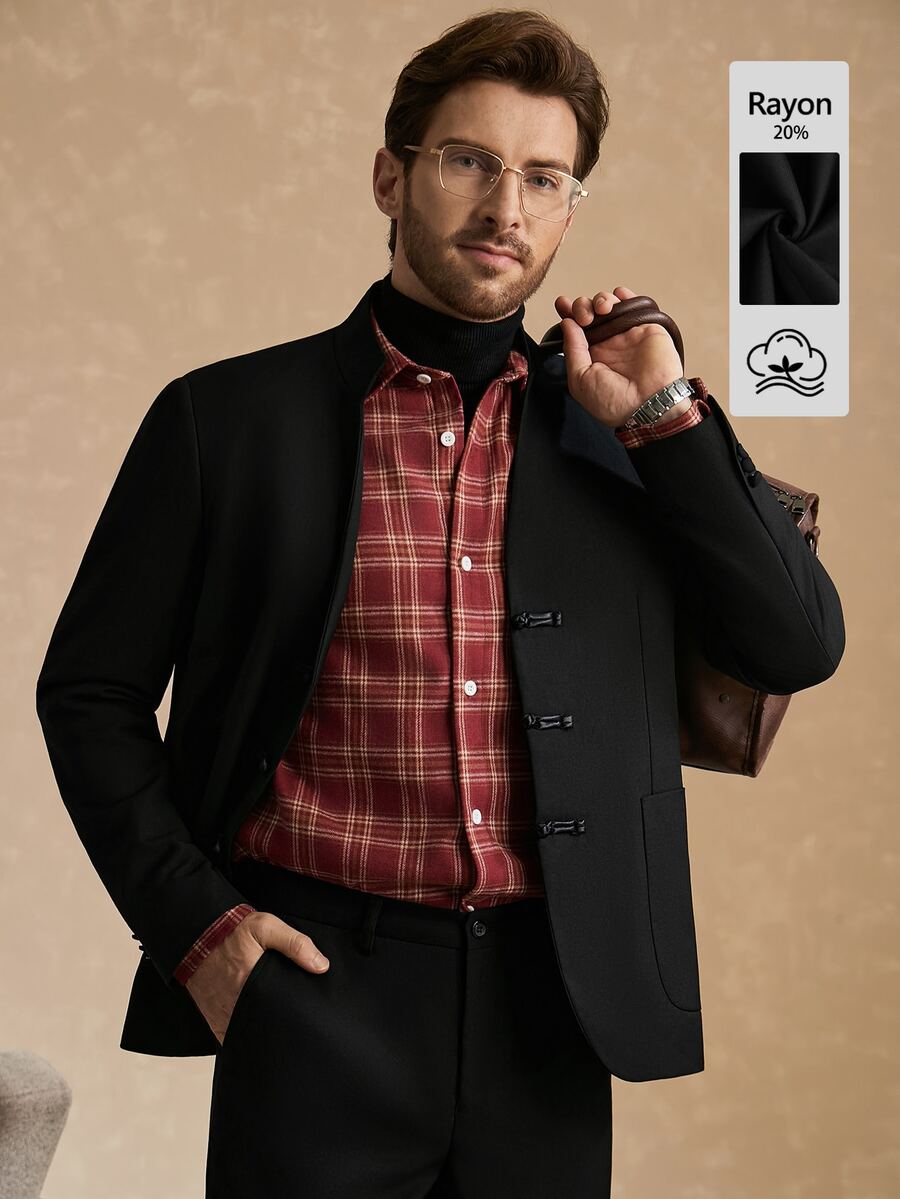 Core Aspect Setelan Jas Pria Lengan Panjang Warna Polos dengan Kancing Model Katak dan Celana - Hitam - View 1