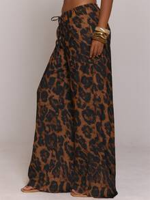 MUSERA Leopard Print Low Waist Drawstring Flowy Trouser Pants Summer Day Outfit Beach Holiday Women - Chocolate Brown - View 3