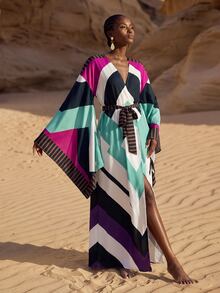 Zivah New Elegant Women's Multi-Color Totem Print Robe-Style Long Cover-Up With Tie, Suitable For Multiple Occasions, Elegant Women's Beach Vacation Versatile Commute - Multicolor - View 9