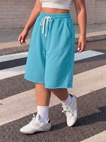 Muchica Water Duck 藍色休閒女款大尺碼抽繩腰 5 英吋短褲 - 水鴨藍 - 查看 4