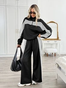 Easowa Women's Striped Colorblock Long Sleeve Sweatshirt & Loose Pants Two Pieces Set - Black - View 4