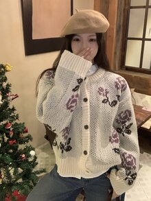 DAZY Women's Floral Decor Loose Knit Cardigan - Beige - View 3
