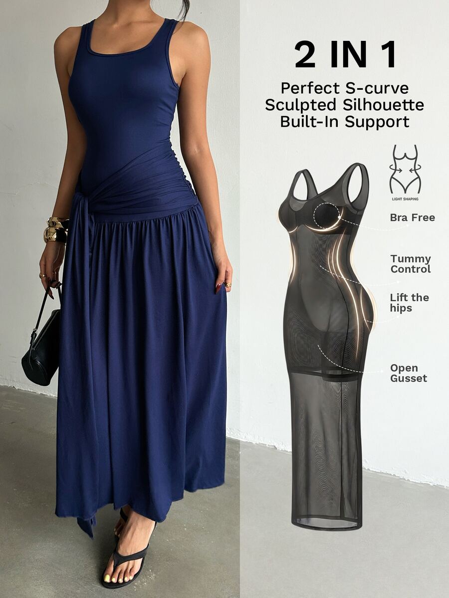 Nuvra Women's 2-In-1 Spaghetti Strap Ruched Tie Waist Tummy Control Butt Lift Body Shaping Long Dress - Blue - View 1