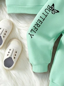 SHEIN 女嬰 2件套趣味蝴蝶與字母印花極簡風抓絨內裡連帽長袖衛衣與長褲，秋冬款 - 彩色 - 查看 4