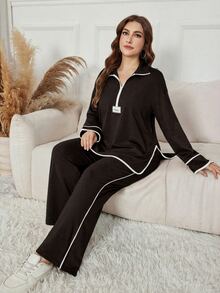 Modelyn 女款秋冬黑色立領半拉鍊字母貼布運動衫，寬鬆休閒 2 件套，秋冬正式休閒款 - 咖啡棕 - 查看 1
