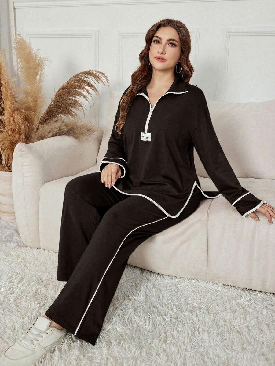 Modelyn 女款秋冬黑色立領半拉鍊字母貼布運動衫,寬鬆休閒 2 件套,秋冬正式休閒款 - 咖啡棕 - 查看 1